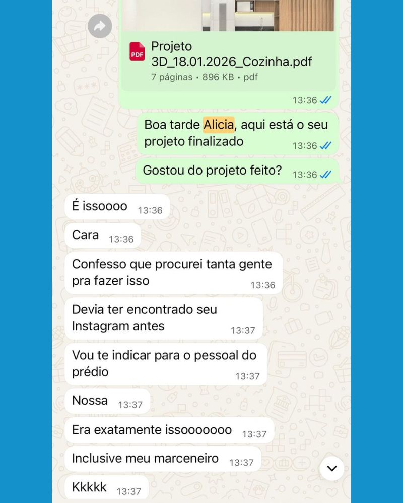 Feedback real de cliente da IRS Marcenaria via WhatsApp