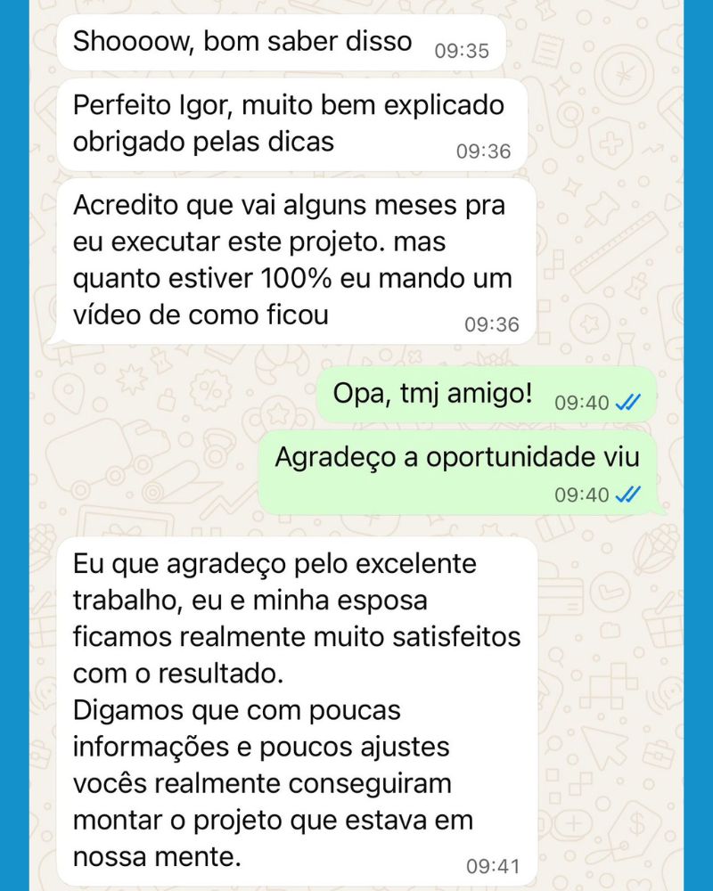 Feedback real de cliente da IRS Marcenaria via WhatsApp
