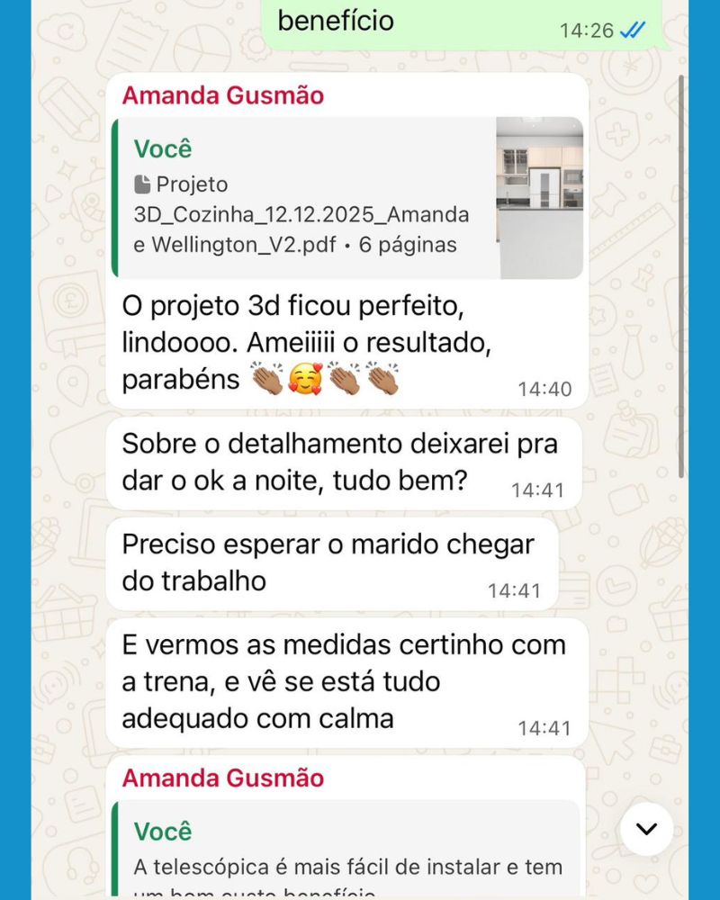Feedback real de cliente da IRS Marcenaria via WhatsApp